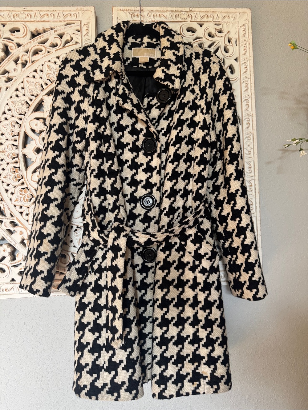 Michael Kors Black and White Houndstooth Trench Coat